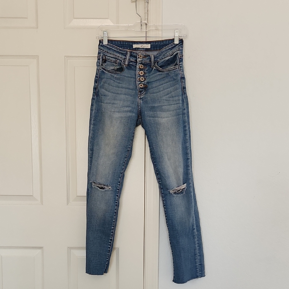 Kancan Estilo Buttons High Waist Distressed Knee Light Blue Skinny Jeans Size 27